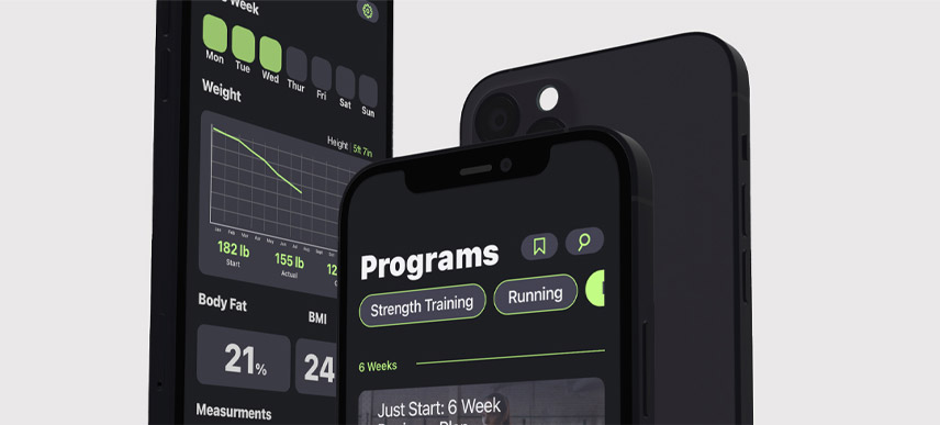 Tops of three overlapping iphones with the green and black fitness app open to the programs and progress pages