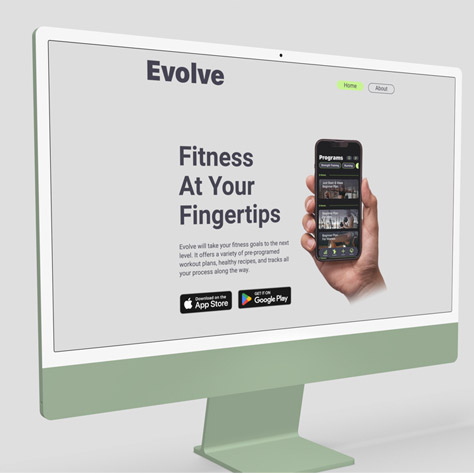 Evole minisite homescreen on a desktop computer promoting downloading the Evolve app. The screen has a hand holding an iphone with the Evolve app opened