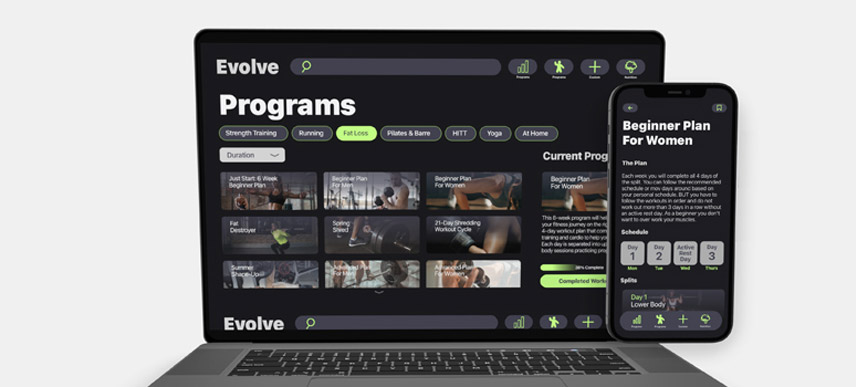 Programs page on a laptop to show the desktop version of the app. A phone beside the laptop showing a workout page layout.
