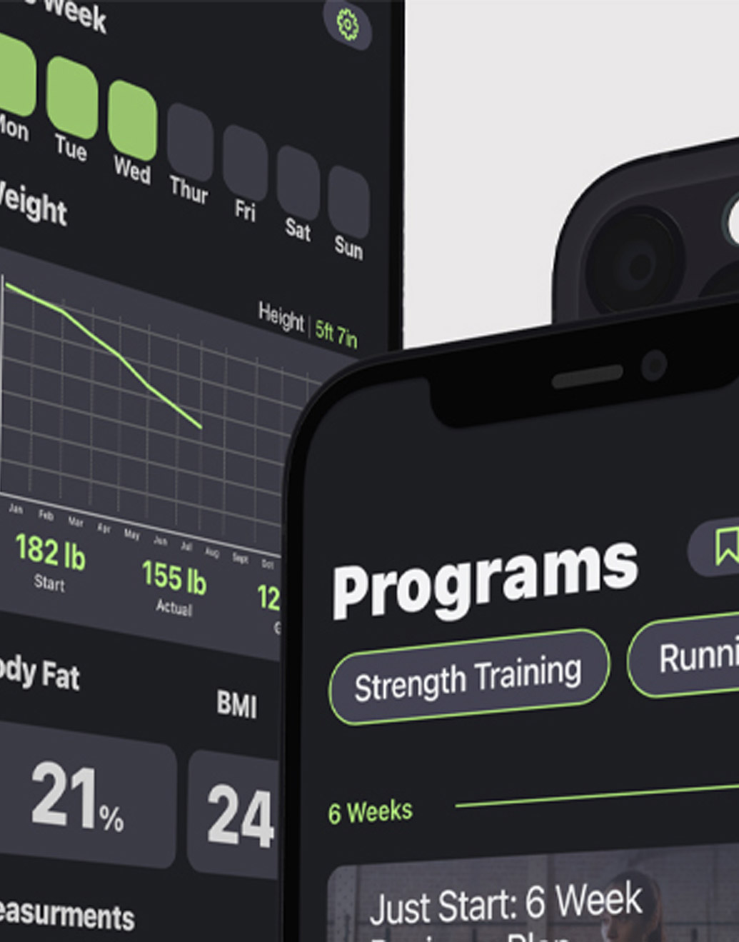 Cropped tops of three overlapping iphones with the green and black fitness app open to the programs and progress pages