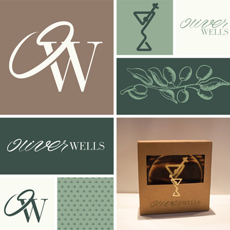 Brand idenity of OliverWells with primary and secondary logos, suplimentary drawings, icons, and patterns