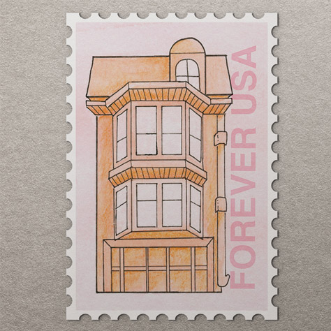 Pink and orange stamp with handdrawn and watercolored houses inspired by San Fransisco architecture