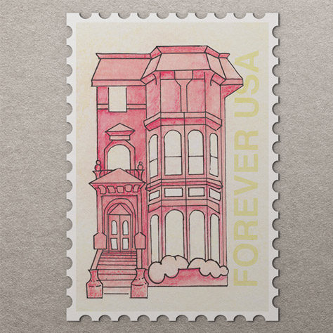 Yellow and hot pink stamp with handdrawn and watercolored houses inspired by San Fransisco architecture