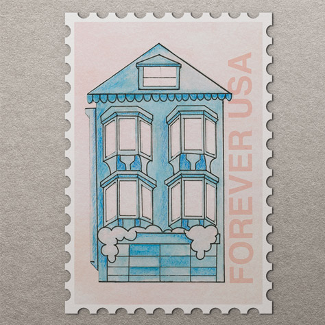 Peach and blue stamp with handdrawn and watercolored houses inspired by San Fransisco architecture