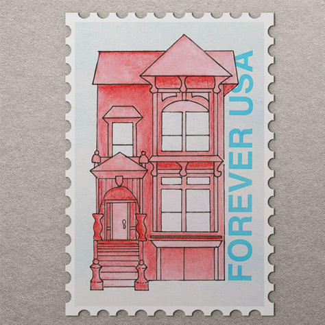 Light blue and red stamp with handdrawn and watercolored houses inspired by San Fransisco architecture