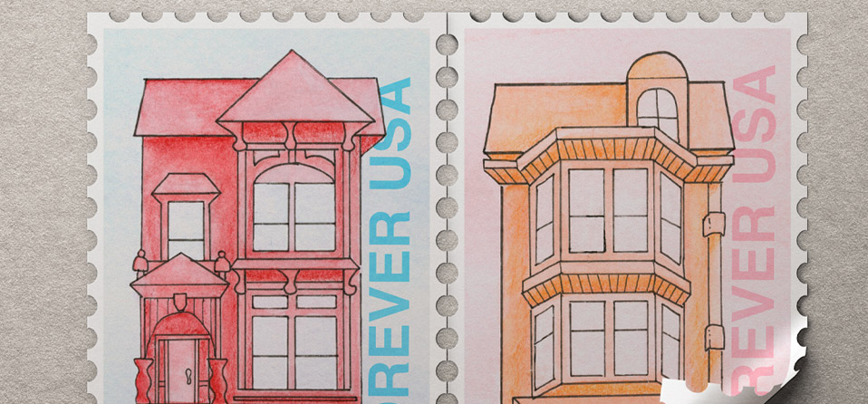 Cropped image of two stamps with handdrawn and watercolored houses inspired by San Fransisco architecture