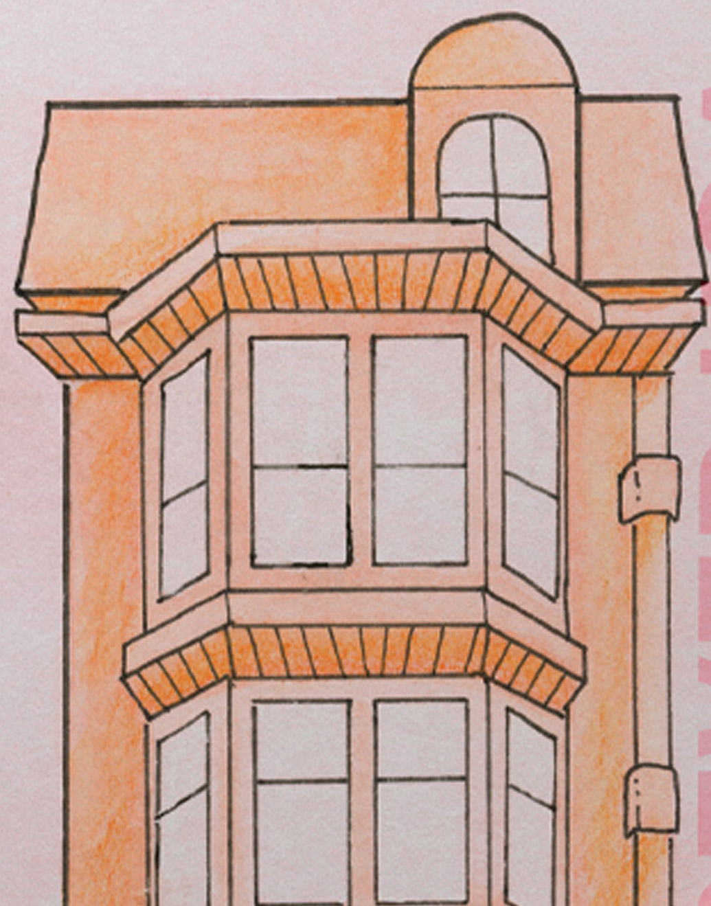 Cropped pink and orange stamp with handdrawn and watercolored houses inspired by San Fransisco architecture